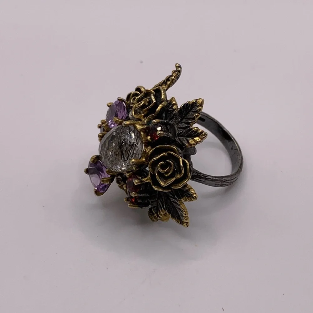 Handmade Sterling Silver Gold-Plated Rutilated Amethyst Garnet Ring" - Picture 4 of 8